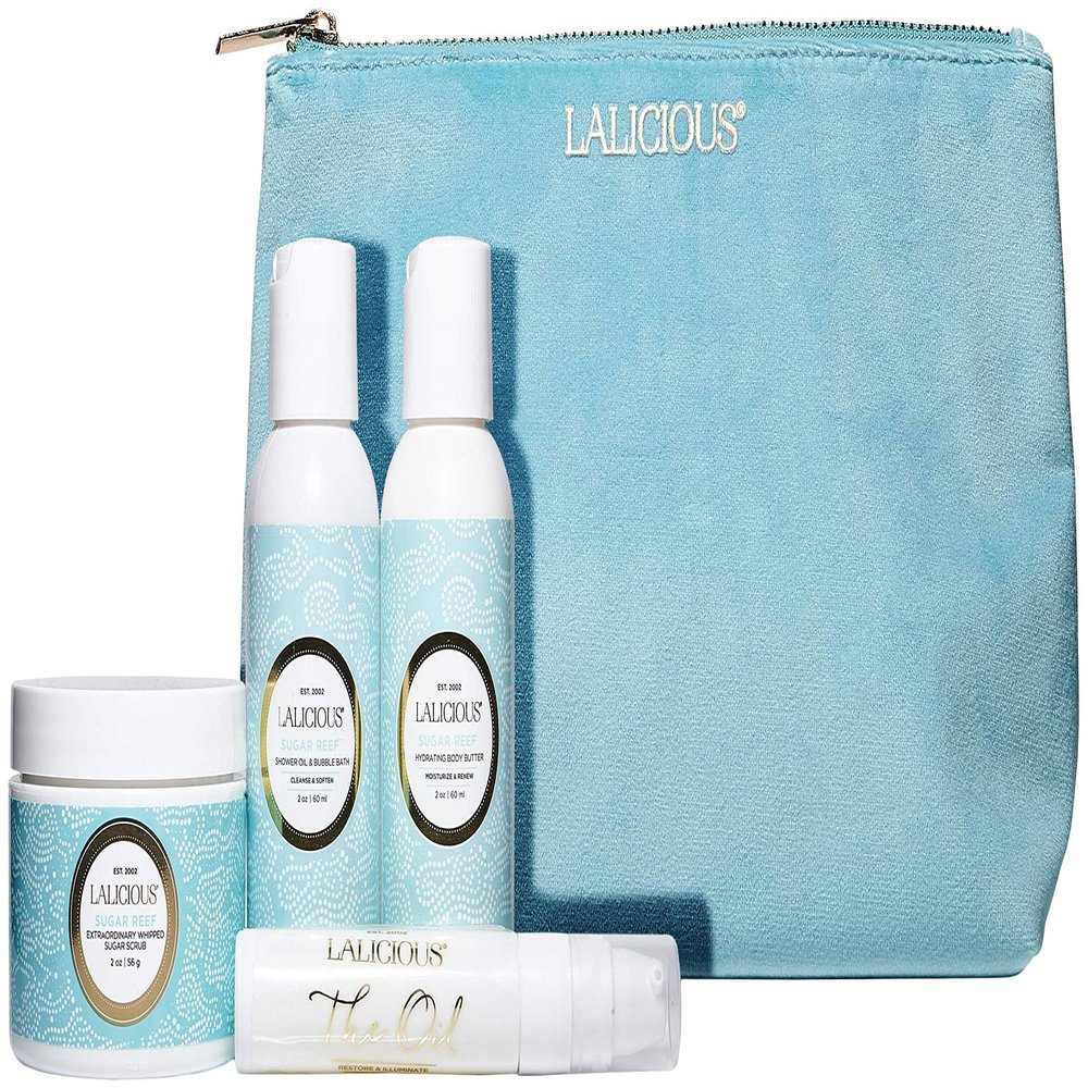 LaLicious Sugar Reef Travel Set - Whipped Sugar Scrub, Shower Gel / Bubble Bath, Body Butter & Body Oil in a Luxe Velour Makeup Bag (4 Piece Kit)