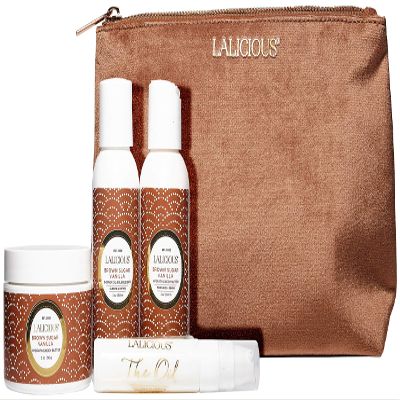 LaLicious Brown Sugar Vanilla Skin Care Travel Set - Whipped Sugar Scrub, Shower Gel / Bubble Bath, Body Butter & Body Oil in a Luxe Velour Makeup Bag (4 Piece Kit)