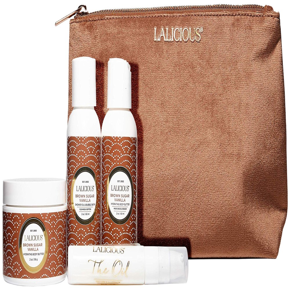 LaLicious Brown Sugar Vanilla Skin Care Travel Set - Whipped Sugar Scrub, Shower Gel / Bubble Bath, Body Butter & Body Oil in a Luxe Velour Makeup Bag (4 Piece Kit)
