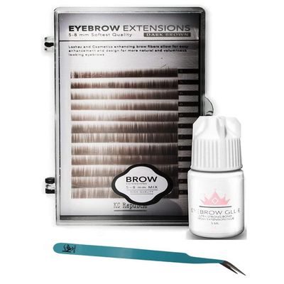 Eyebrow Extensions Kit with 1 x Trays of Mink Eyebrows in Dark Brown Comes on Mixed Length Trays 5-8 Mm Mix, Eyebrow Extension Glue Clear & Extension Tweezers by Kc Republic (Dark Brown, Blue Tweezer)