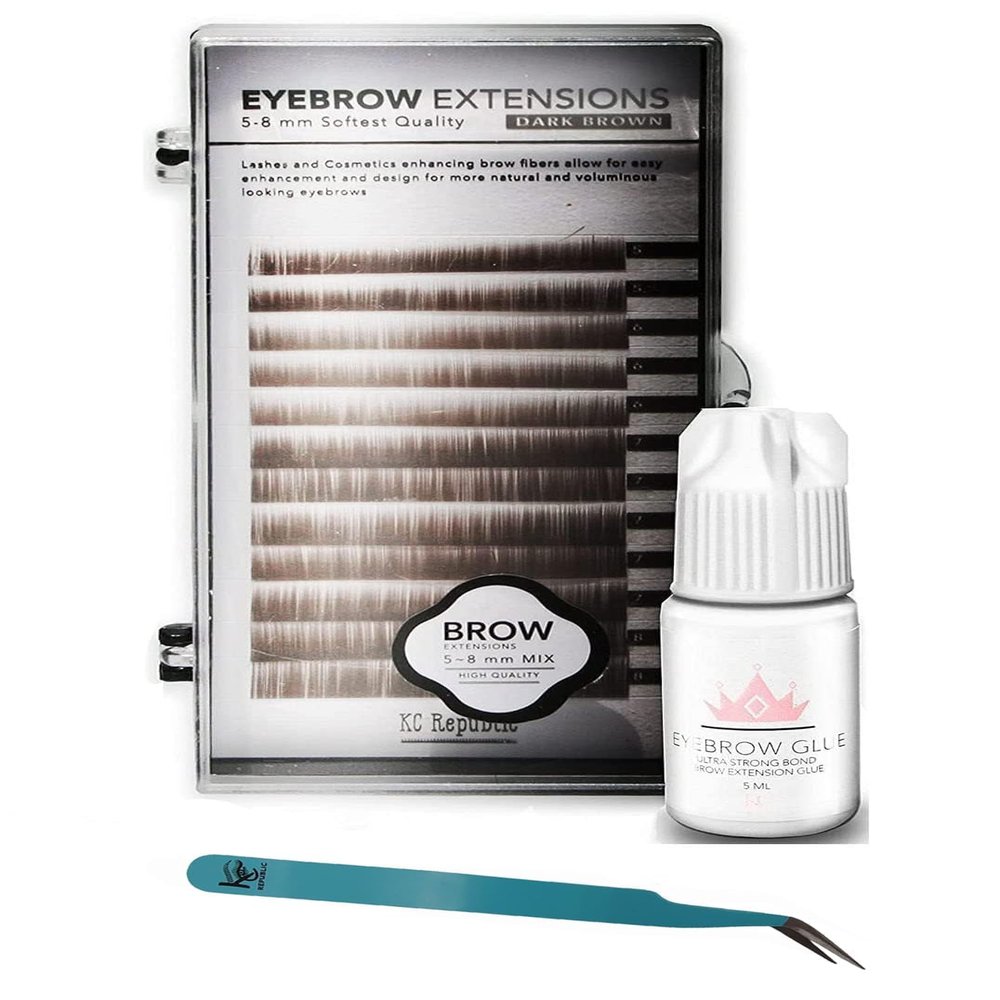 Eyebrow Extensions Kit with 1 x Trays of Mink Eyebrows in Dark Brown Comes on Mixed Length Trays 5-8 Mm Mix, Eyebrow Extension Glue Clear & Extension Tweezers by Kc Republic (Dark Brown, Blue Tweezer)