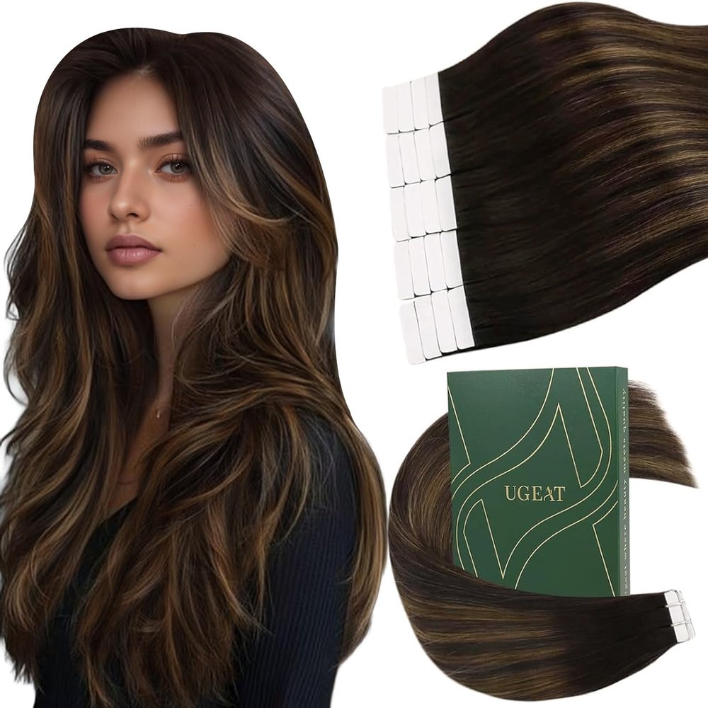 Ugeat Dark Brown Tape in Hair Extensions for Women Tape ins Real Remy Human Hair Balayage Seamless Invisible Dark Brown Mix Medium Brown Straight Long Natural for Girl Party Wear 22 Inch 50G 20Pcs