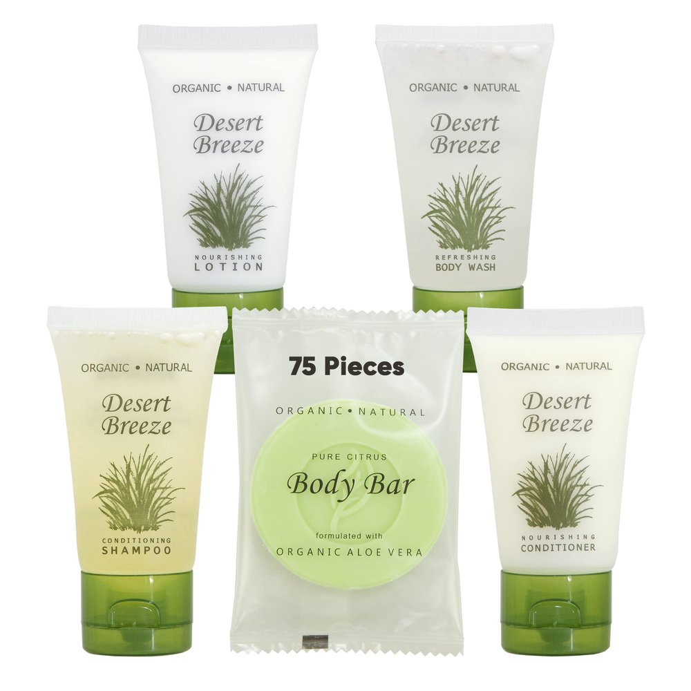 Desert Breeze Hotel Soaps & Toiletries Bulk Set | 1-Shoppe Amenities Kit | 1oz Shampoo & Conditioner, Body Wash, Lotion, Bar Soap | Travel Size | 75 Pieces