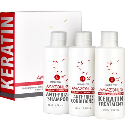 Hair Straightening Brazilian Keratin Treatment 1 Step Amazonliss Protein Smoothing Brush Set 2.02 Fl.oz - New Formula - Odor-Free - Formaldehyde-Free - Easy To Apply - Only 1 Hour for Application