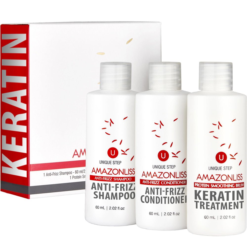 Hair Straightening Brazilian Keratin Treatment 1 Step Amazonliss Protein Smoothing Brush Set 2.02 Fl.oz - New Formula - Odor-Free - Formaldehyde-Free - Easy To Apply - Only 1 Hour for Application