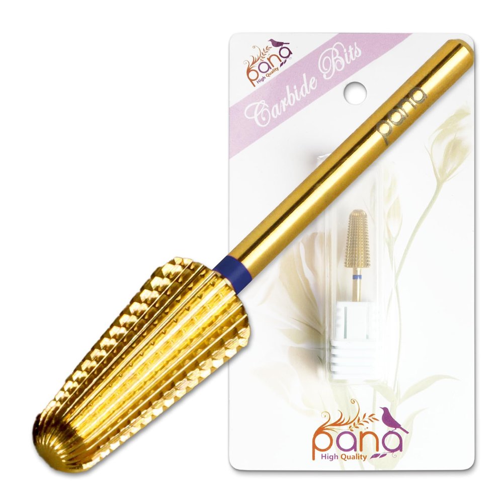 PANA 2-Way Volcano Carbide Bit 3/32" Shank Size - (Gold, Medium Grit) - Two Way Rotate use for Both Left and Right Handed Fast remove Acrylic or Hard Gel Nail Drill Bit for Manicure Pedicure
