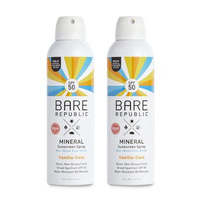Bare Republic Mineral SPF 50 Sport Sunscreen Spray. Vanilla-Coco Sheer and Strong Water-Resistant Sunscreen Spray with SPF 50 (12 Ounces) 2 Pack.