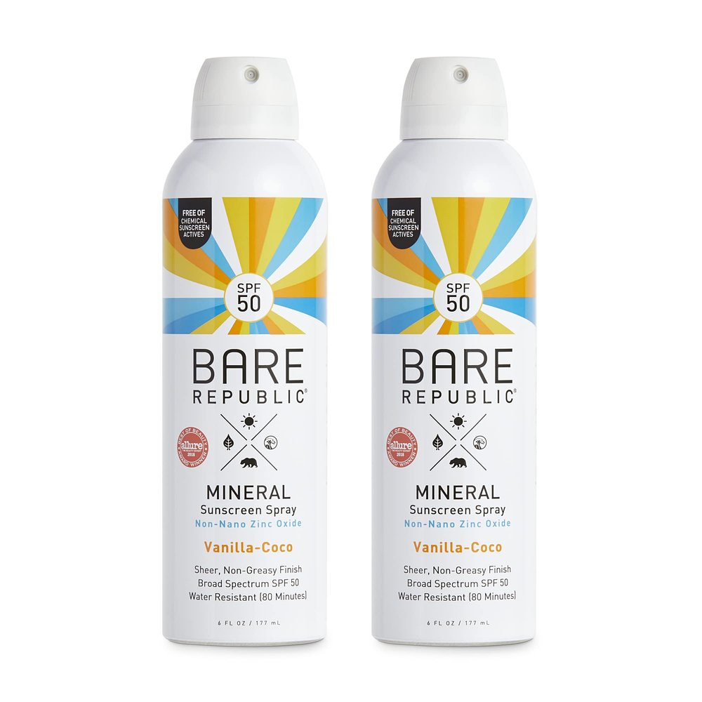 Bare Republic Mineral SPF 50 Sport Sunscreen Spray. Vanilla-Coco Sheer and Strong Water-Resistant Sunscreen Spray with SPF 50 (12 Ounces) 2 Pack.