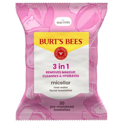 Burts Bees Micellar Rose Water Facial Towelettes, 100% Plant Based Cloth; 99% Natural Origin; Remove Makeup, Cleanse, Hydrate; No Greasy, Oily Residue; All Skin Types (Pack May Vary)