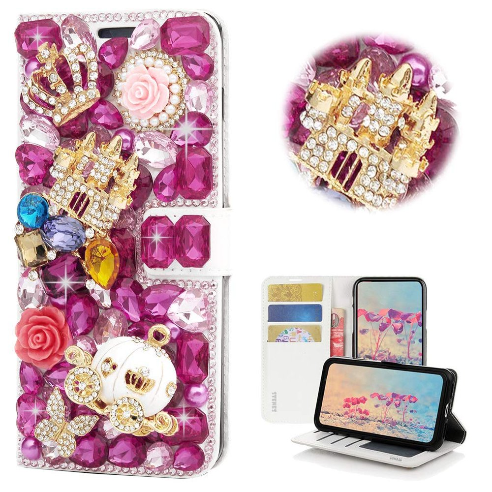 STENES Bling Wallet Case Compatible with Google Pixel 2 - STYLISH - 3D Handmade Crystal Castle Crown Pumpkin Car Butterfly Flowers Magnetic Wallet Design Leather Cover Case - Red
