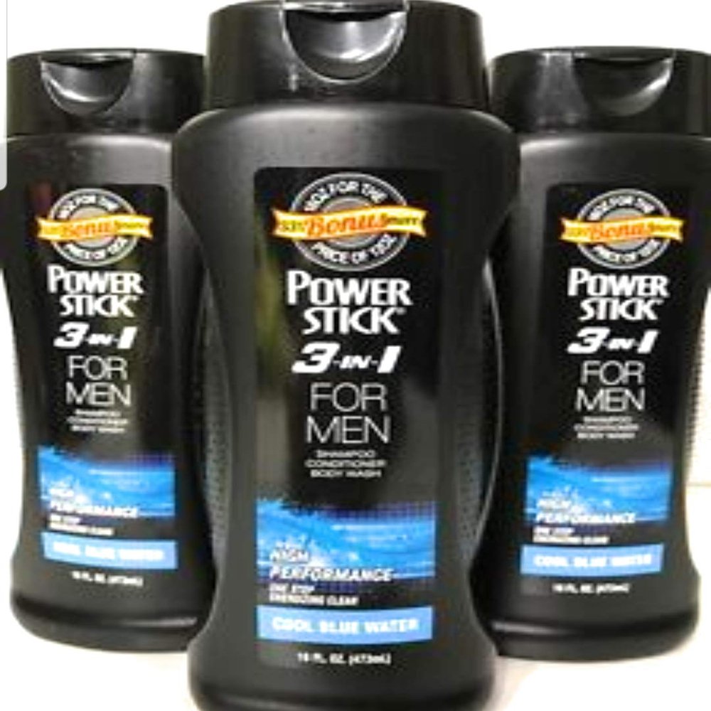 3 pack of PowerStick 3-in-1 Body Wash Shampoo and Conditioner for Men Cool Blue Water