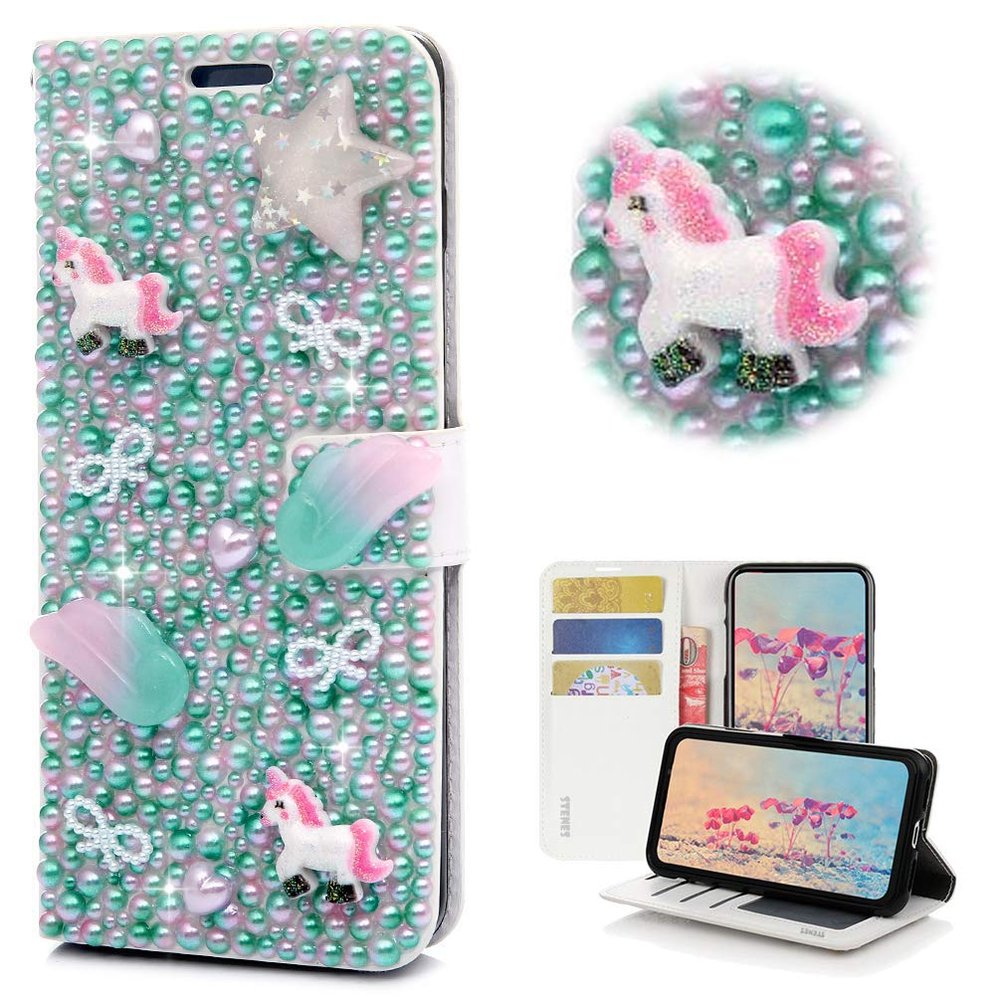 STENES Bling Wallet Case Compatible with Google Pixel 2 - STYLISH - 3D Handmade Crystal Unicorn Star Bowknot Magnetic Wallet Design Leather Cover Case - Fantasy