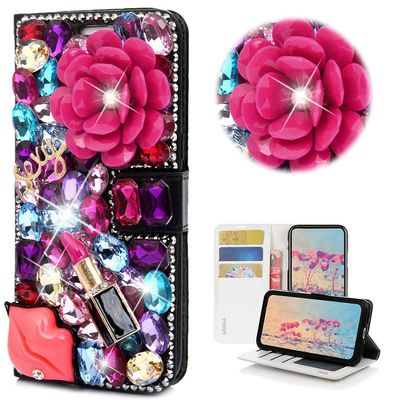 STENES Bling Wallet Case Compatible with Google Pixel 3 XL - STYLISH - 3D Handmade Crystal Rose Sexy Lips Lipstick Magnetic Wallet Design Leather Cover Case - Red