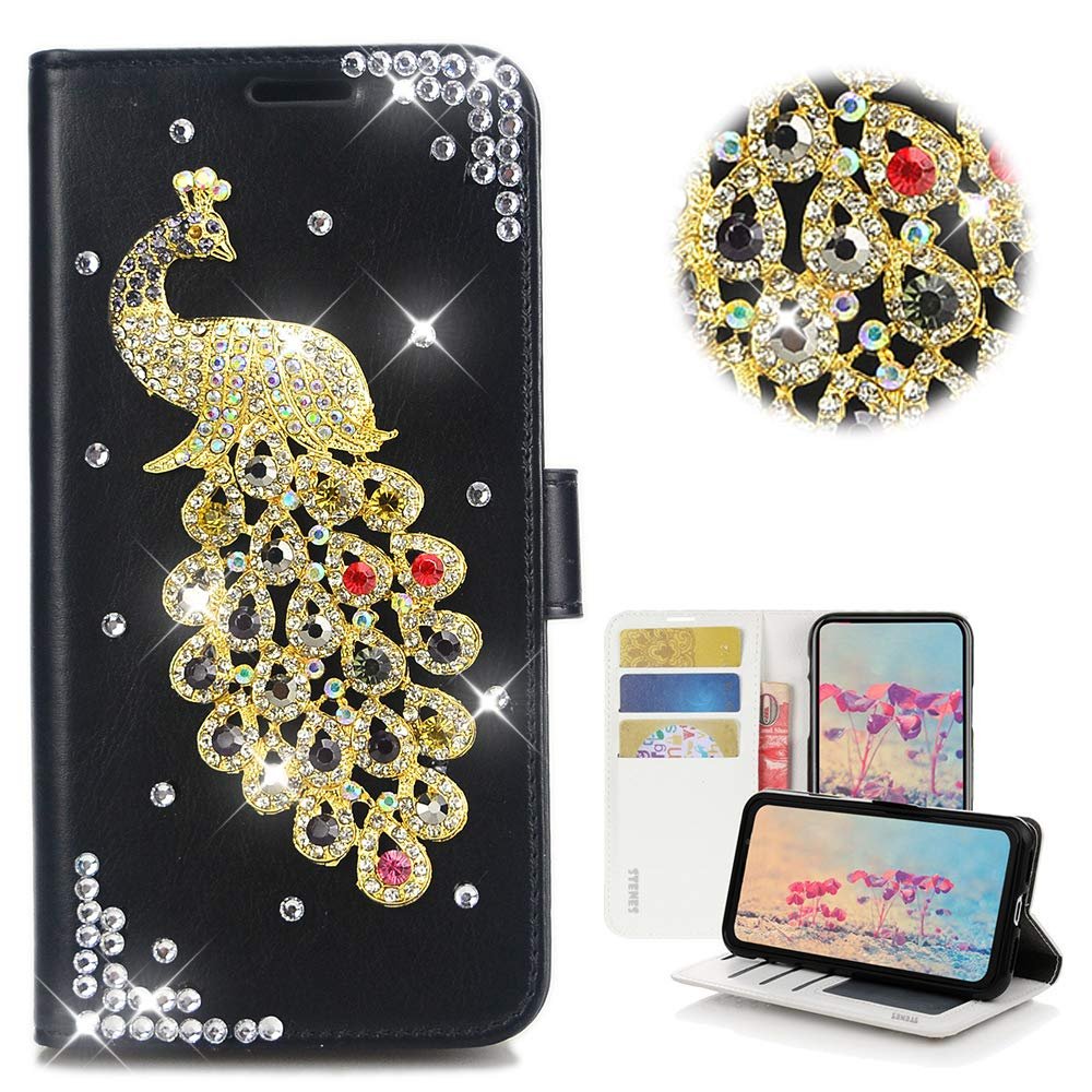 STENES Bling Wallet Case Compatible with Google Pixel 2 - STYLISH - 3D Handmade Crystal Peacock Magnetic Wallet Design Leather Cover Case - Black