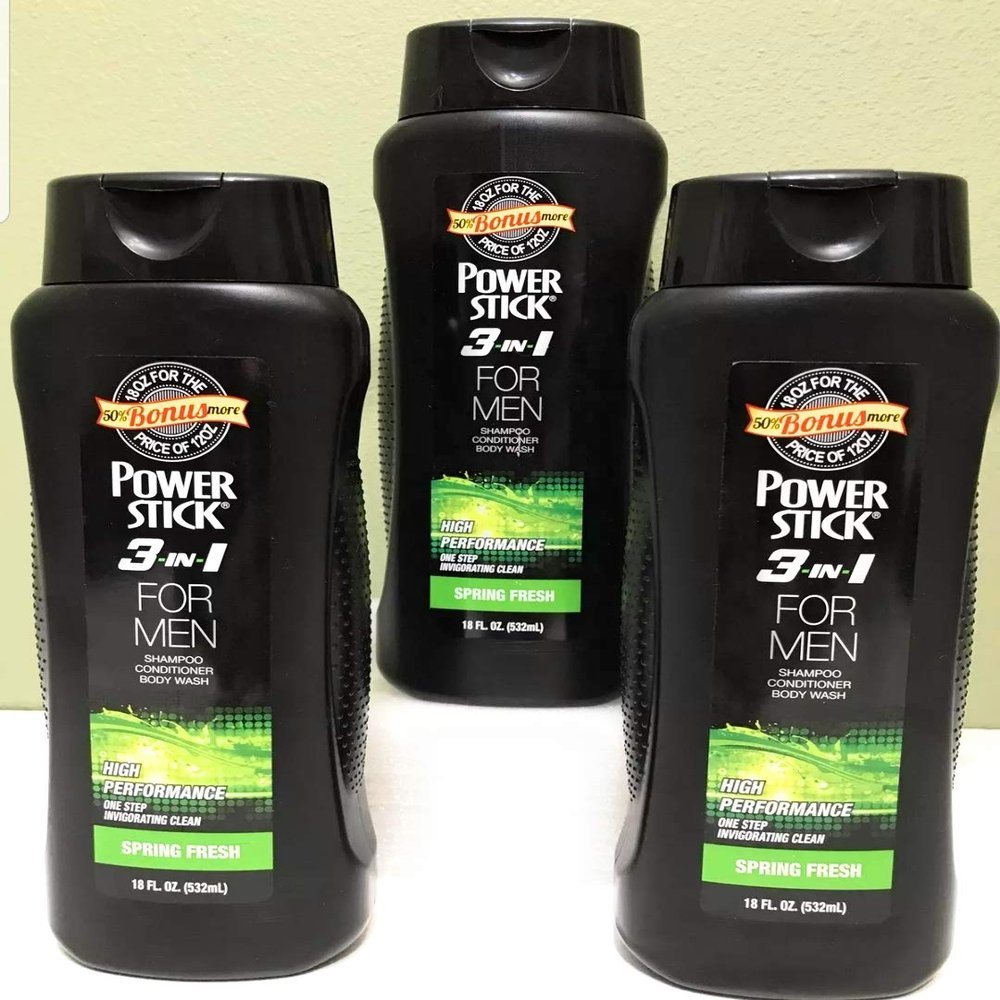 3 pack of Powerstick 3-in-1 Body wash shampoo and conditioner for men in Spring Fresh