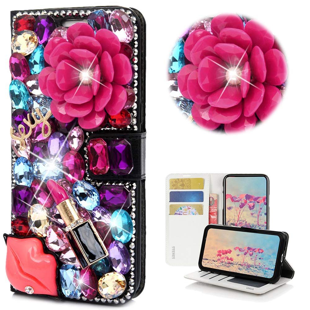 STENES Bling Wallet Case Compatible with LG V35 ThinQ - STYLISH - 3D Handmade Crystal Rose Sexy Lips Lipstick Magnetic Wallet Design Leather Cover Case - Red
