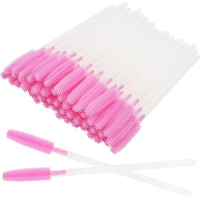 100 Pcs Silicone Mascara Wands Disposable Eyelash Brushes for Extensions Lash Applicators Makeup Tool Kit (Clear Handle/Light Pink Brush Head)