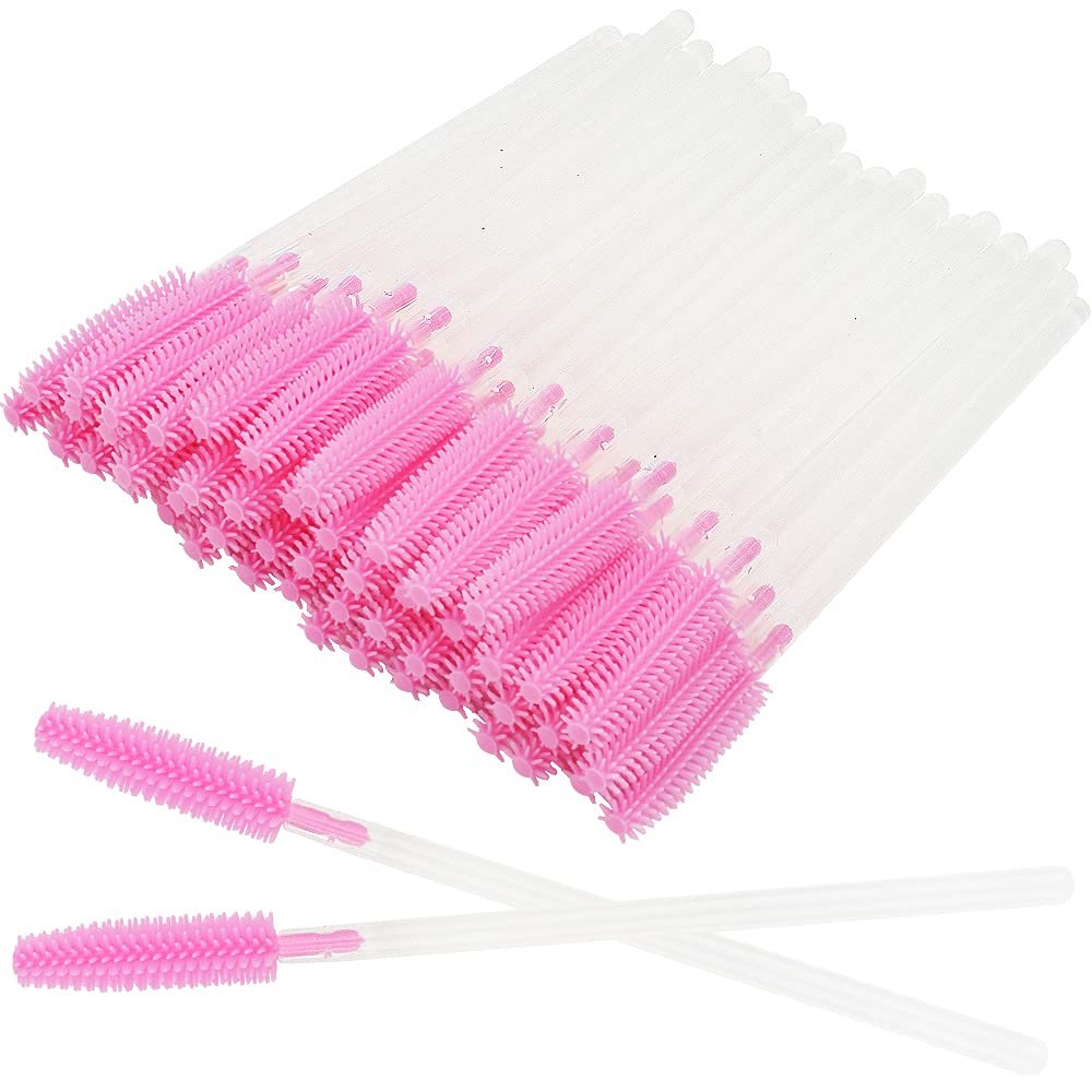 100 Pcs Silicone Mascara Wands Disposable Eyelash Brushes for Extensions Lash Applicators Makeup Tool Kit (Clear Handle/Light Pink Brush Head)