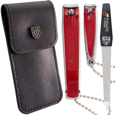 3 Swords Germany Brand Quality fingernail & toenail Clipper, Manicure, Pedicure Nail Care by with Metal Nail File and case, red Edition
