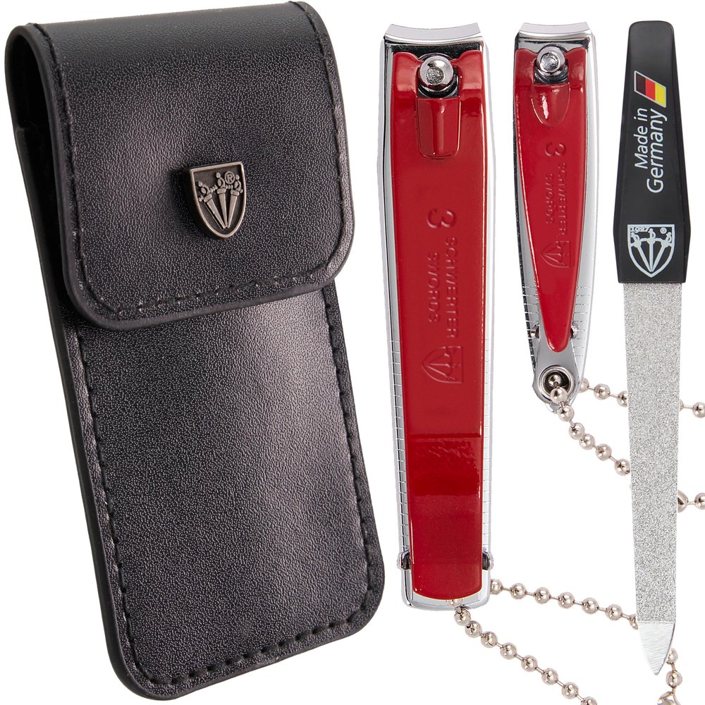 3 Swords Germany Brand Quality fingernail & toenail Clipper, Manicure, Pedicure Nail Care by with Metal Nail File and case, red Edition