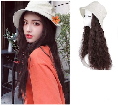 Fashion White Hat with Long Curly Hair Extensions for Women, 24" Synthetic Hat Wig Hairpiece, Natural Black