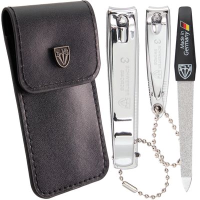3 Swords Germany Brand Quality fingernail & toenail Clipper, Manicure, Pedicure Nail Care by with Metal Nail File and case, Silver Color Edition