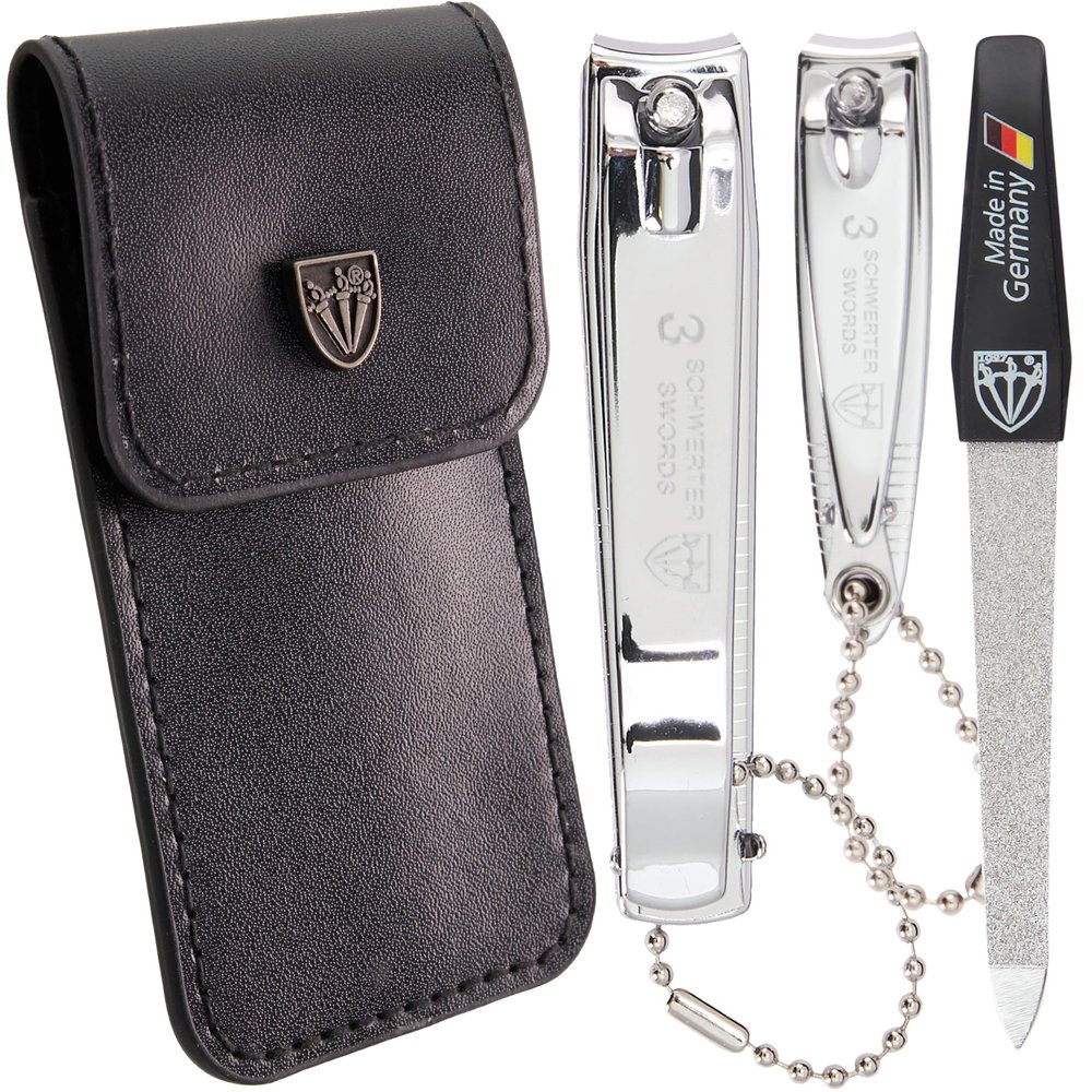 3 Swords Germany Brand Quality fingernail & toenail Clipper, Manicure, Pedicure Nail Care by with Metal Nail File and case, Silver Color Edition