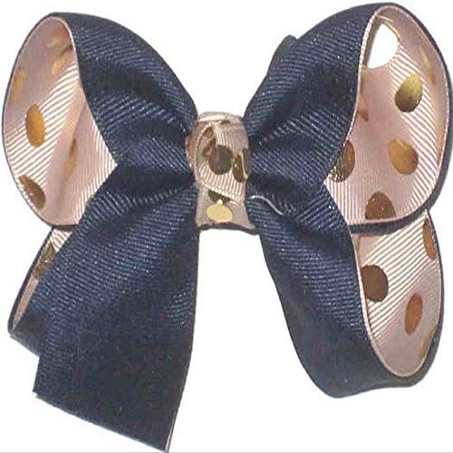 OV-2617M Medium School Hair Bow Navy over Oatmeal with Metallic Gold Dots