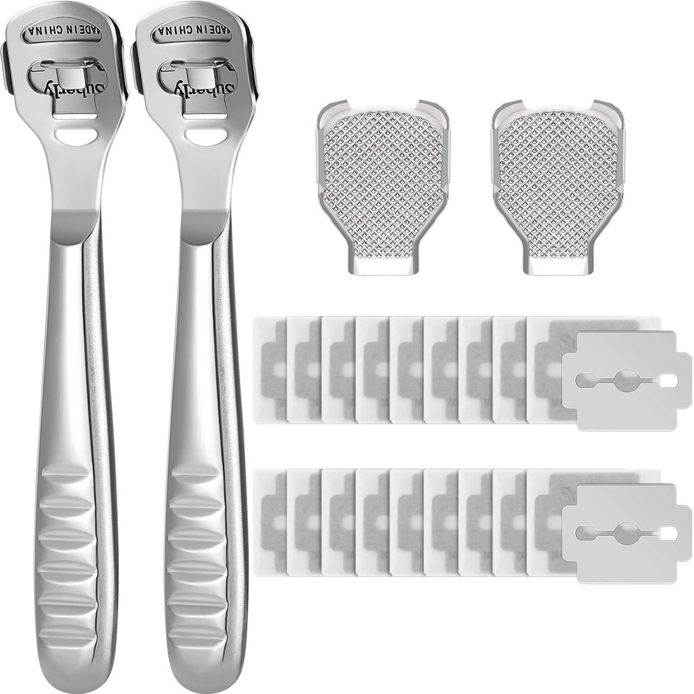 24 Pieces Callus Shaver Set, 20 Replacement Slices Blades 2 Callus Shavers and 2 Foot File Head Foot Care Tools Steel Handle Hard Skin Remover for Hand Feet (Grooved Handle)