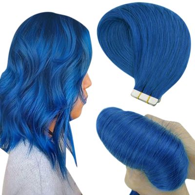 Hetto Tape in Hair Extensions Seamless 22 Inches Invisible Tape in Extensions 10Pcs 25G Tape in Remy Hair Extensions Human Hair Blue Color