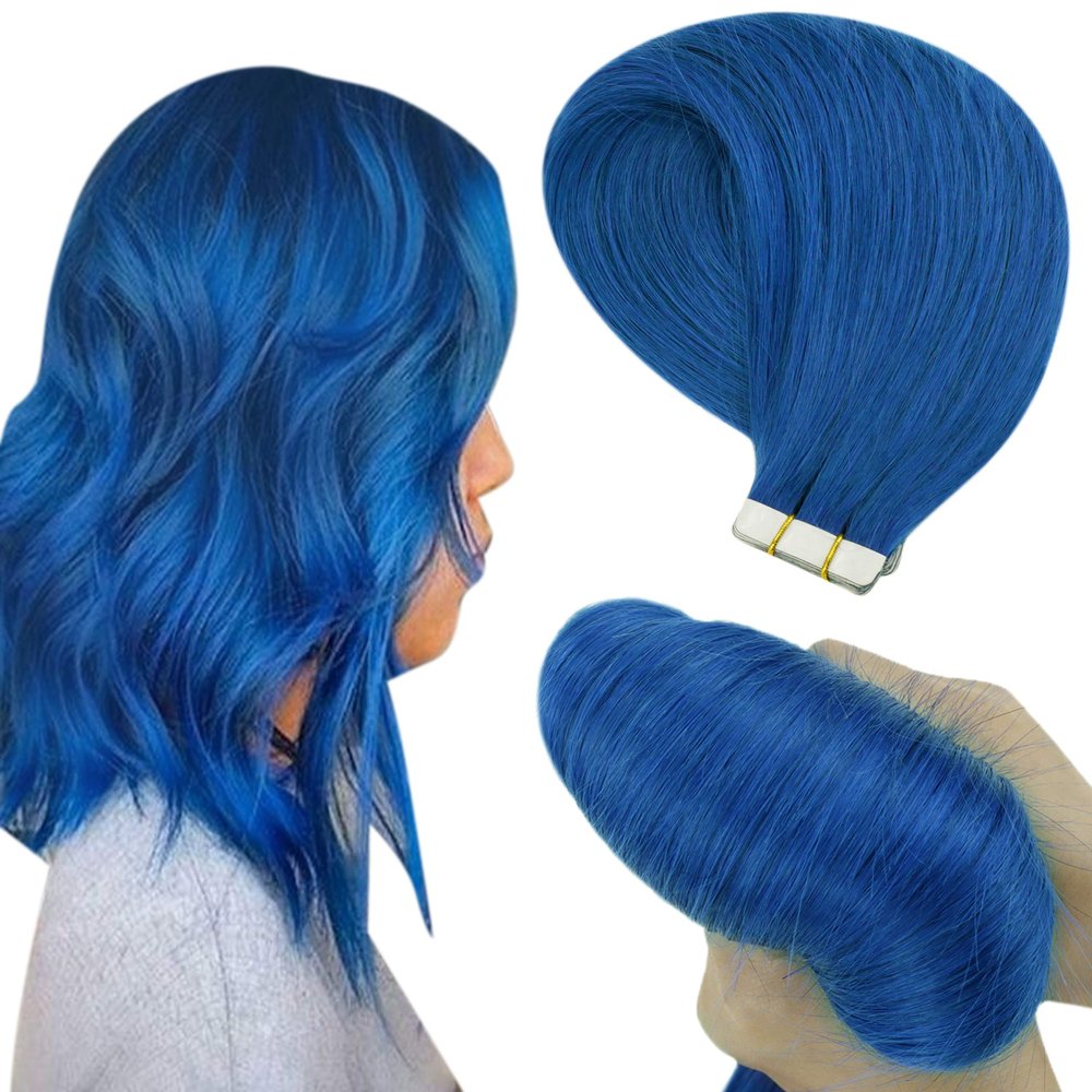 Hetto Tape in Hair Extensions Seamless 22 Inches Invisible Tape in Extensions 10Pcs 25G Tape in Remy Hair Extensions Human Hair Blue Color