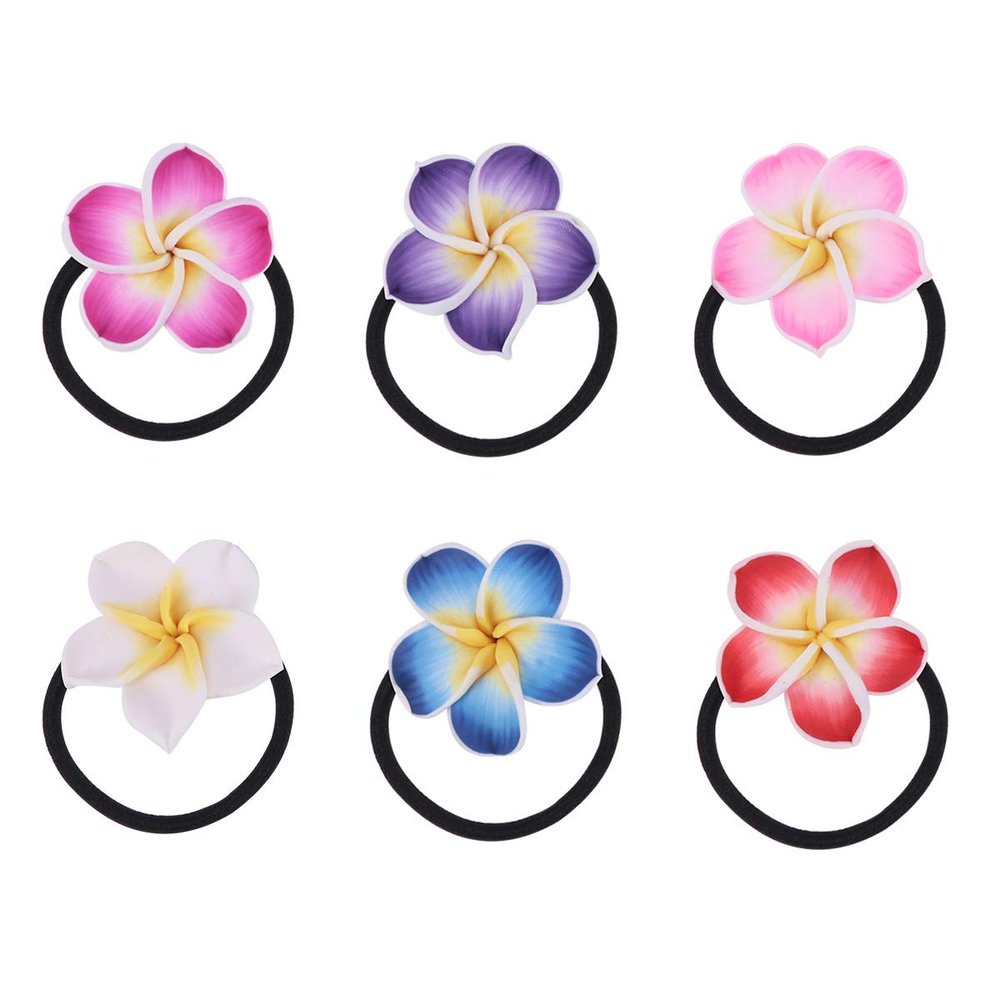 12PCS Plumeria Hair Ties Soft Ceramic Hair Ring Flower Hair Rope Black Rubber Band Flower Hair Bands for Girls