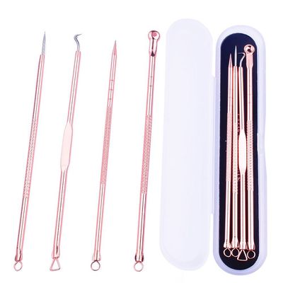AKOAK 4 Pcs/set Rose Gold Plating Double Head Acne Needle Black Head Removal Needle Portable Beauty Tool Set