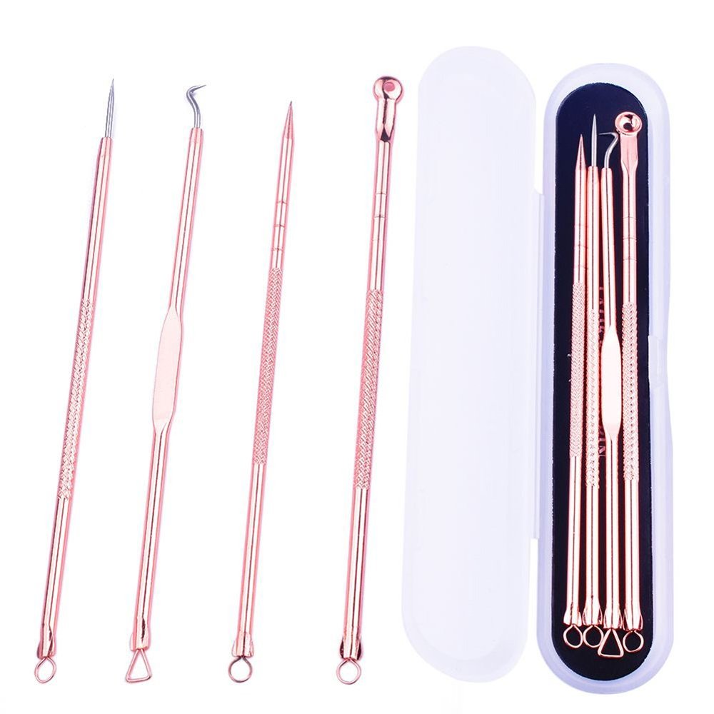 AKOAK 4 Pcs/set Rose Gold Plating Double Head Acne Needle Black Head Removal Needle Portable Beauty Tool Set