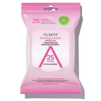 Almay Makeup Remover Cleansing Towelettes, Biodegradable Micellar Water Wipes for Sensitive Skin, Hypoallergenic, Cruelty- & Fragrance-Free, 25 Count