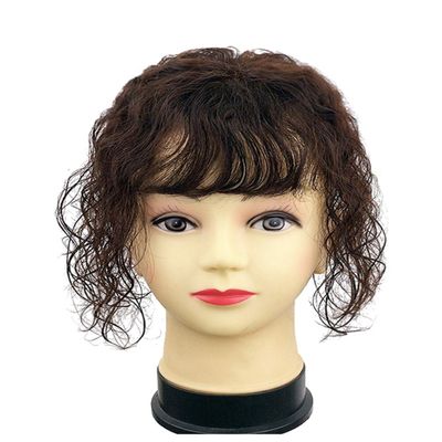 4"x4" Silk Base Human Hair Top Hair Piece for Women, 10" Natural Curly Hair Topper with Bangs, Dark Brown