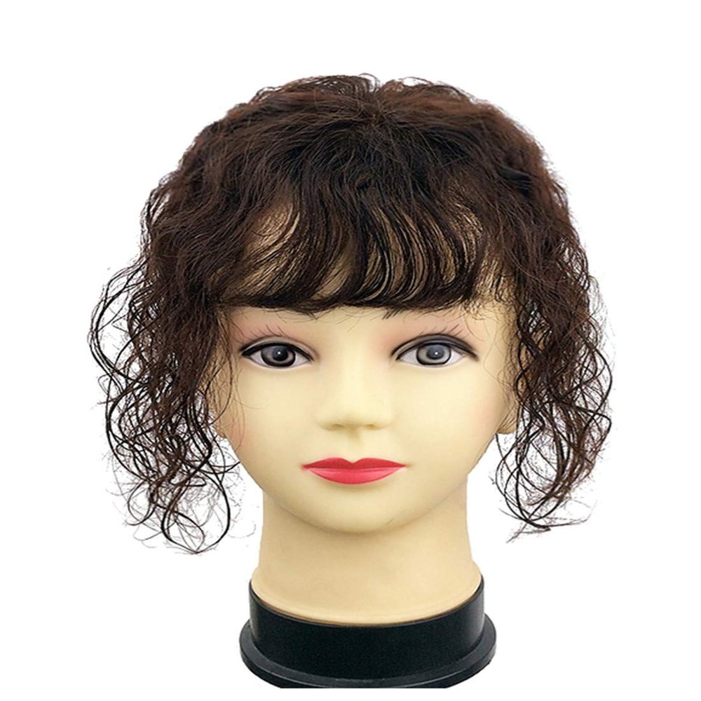 4"x4" Silk Base Human Hair Top Hair Piece for Women, 10" Natural Curly Hair Topper with Bangs, Dark Brown