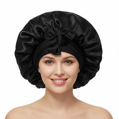 Black Satin Bonnets for Sleeping Women Braids Long Hair Cover Silk Hair Bonnet Night Caps XL Large Satin Sleep Cap with Tie