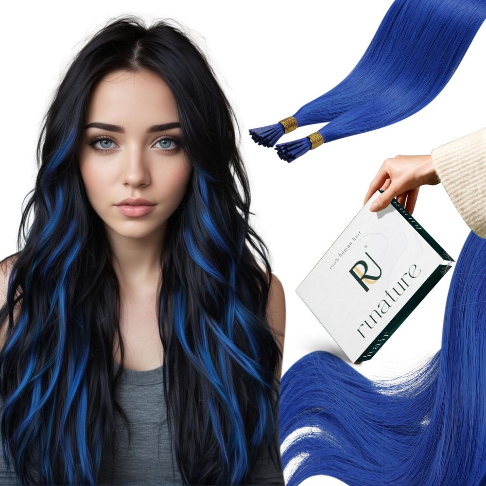 RUNATURE I Tip Hair Extensions Human Hair, Blue Hair Extensions Real Human Hair, 14 Inch 20g 25s Blue Itip Human Hair Extensions, Rainbow Colorful Peekaboo Hair Highlights