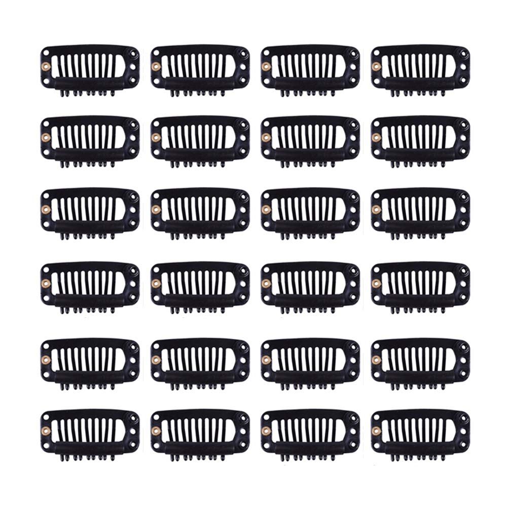 YANTAISIYU 24 pcs/lot 32mm 9-teeth Metal Wig Clips with Rubber Stopper, Invisible Hairpiece Wig Accessories Clips (Black)
