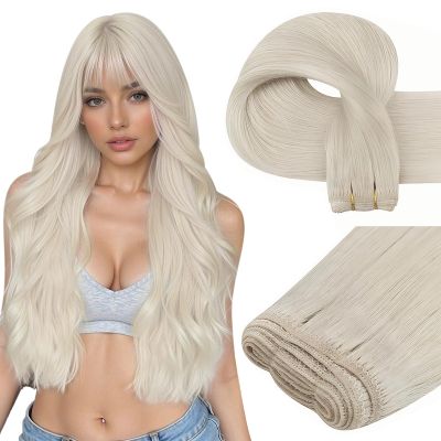 Easyouth Sew in Hair Extensions Real Human Hair Blonde Remy Human Hair Weft Extensions White Blonde Soft and Smooth Weft Extension Human Hair for Short Straight Hair 12 Inch 70G