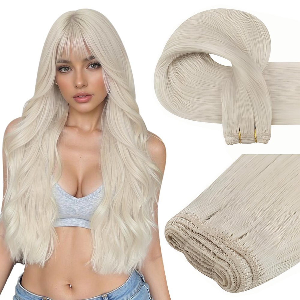 Easyouth Sew in Hair Extensions Real Human Hair Blonde Remy Human Hair Weft Extensions White Blonde Soft and Smooth Weft Extension Human Hair for Short Straight Hair 12 Inch 70G