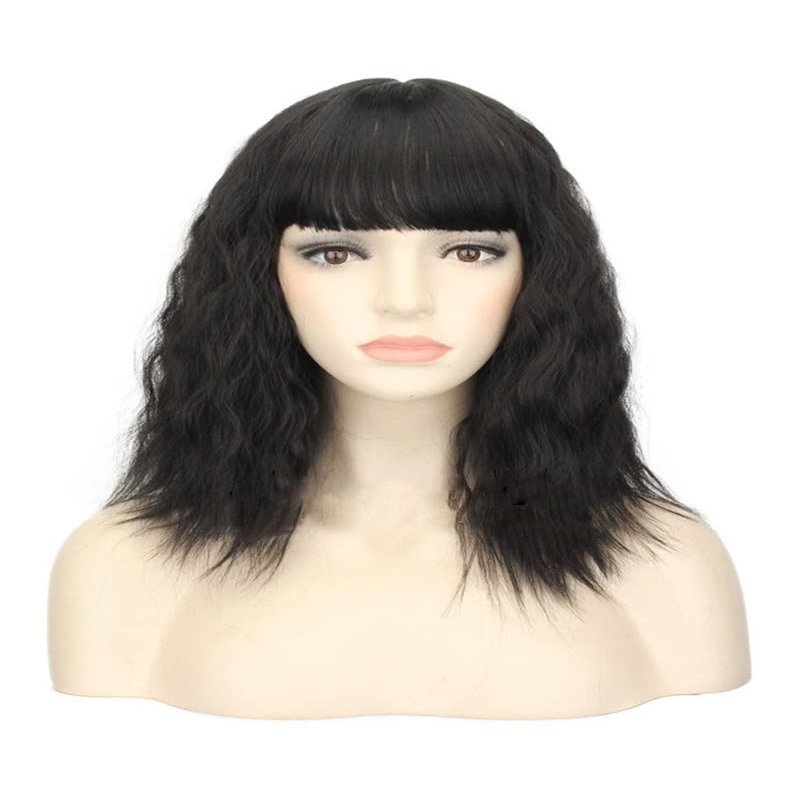 12"/30cm Fluffy Curly Clip in Forehead Hairpiece With Fringe Nature Hairline Synthetic Topper for Women Hair Lossing 2# Dark Black