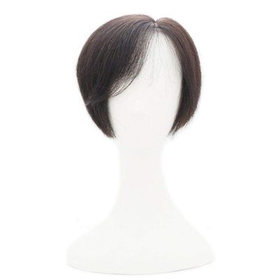 100% Real Human Hair Clip in Hair Topper with Side Bangs, Hand-made Mono Toupee for Women with Thinning Hair, 14" Light Brown