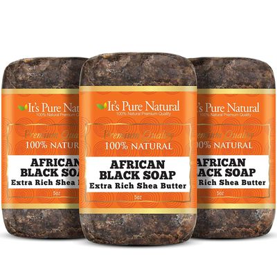 It's Pure Natural African Black Soap Bars with Extra Rich Shea Butter (Pack of 3) Organic Raw Soap for Face & Body, Acne Treatment & Dark Spot Remover [Made in Ghana]