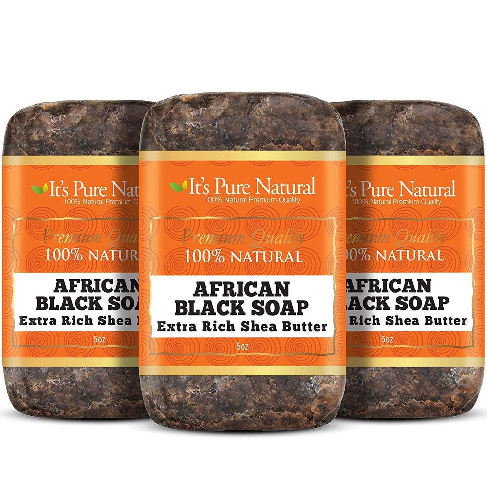 It's Pure Natural African Black Soap Bars with Extra Rich Shea Butter (Pack of 3) Organic Raw Soap for Face & Body, Acne Treatment & Dark Spot Remover [Made in Ghana]