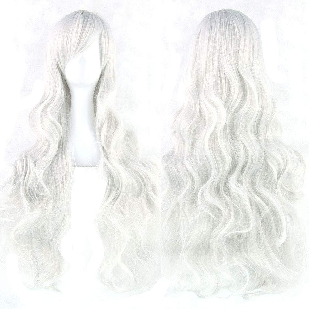 MIPPER 31 Inch Big Wave Hair Lolita Anime Cosplay Wig with Bangs for Women Girls Colorful Long Wig for Party Festival (silver white)