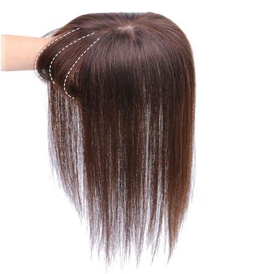 Silk Base Human Hair Clip in Topper Pieces with Bangs for Women, Silk Skin Top Base for Hair Loss or Thinning Hair, 10" Light Brown