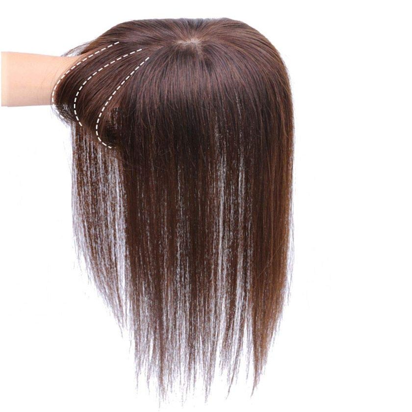 Silk Base Human Hair Clip in Topper Pieces with Bangs for Women, Silk Skin Top Base for Hair Loss or Thinning Hair, 10" Light Brown