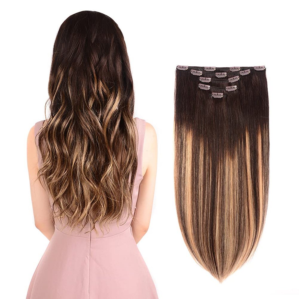 5 Pieces 18" Remy Clip in Hair Extensions Human Hair Dark Brown to Dirty Blonde Highlight Brown Ombre - Silky Straight Short Thick Real Hair Extensions for Women (18 inches, (2T18) P2, 90grams)
